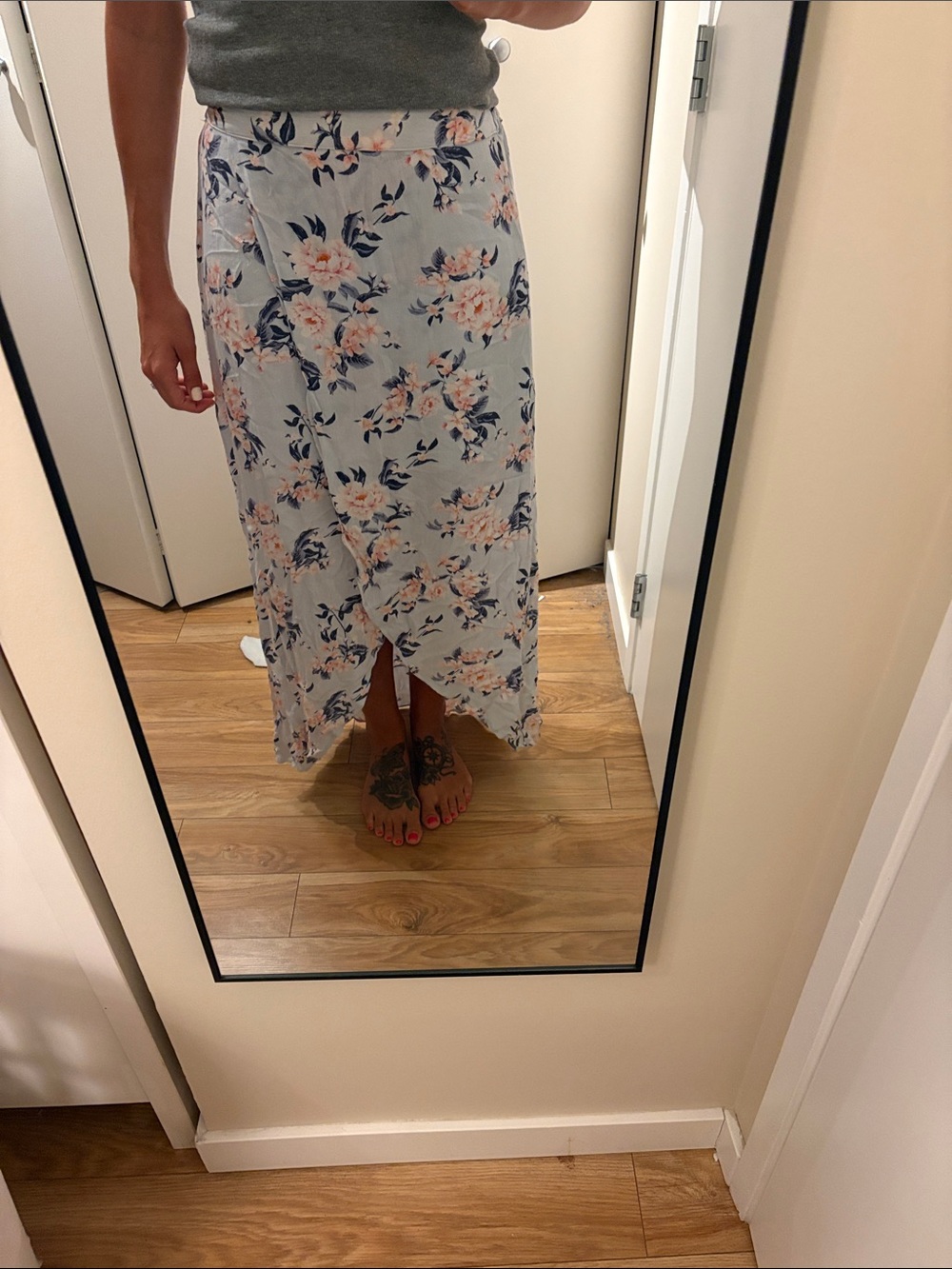 American Eagle Outfitters Light Blue Floral Maxi Skirt with Navy and Pink Print